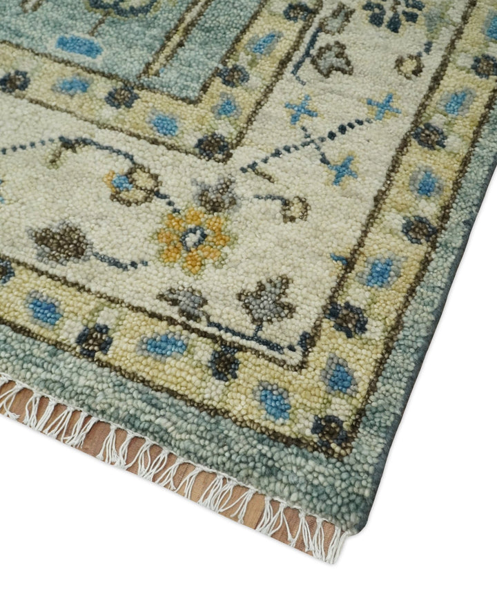 Ready to Ship 8x10, 9x12 Aqua and Ivory Tree Design Hand Knotted Wool Area Rug - The Rug Decor