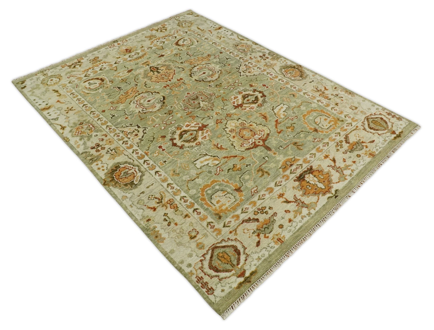 Ready to Ship 8x10, 9x12,10x14 Hand Knotted Green and beige Traditional Vintage Style Antique Wool Rug - The Rug Decor