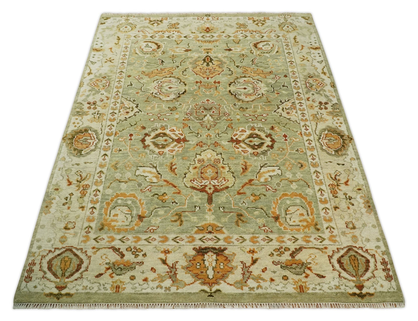 Ready to Ship 8x10, 9x12,10x14 Hand Knotted Green and beige Traditional Vintage Style Antique Wool Rug - The Rug Decor