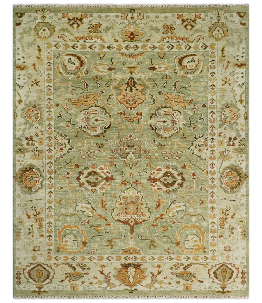 Ready to Ship 8x10, 9x12,10x14 Hand Knotted Green and beige Traditional Vintage Style Antique Wool Rug - The Rug Decor