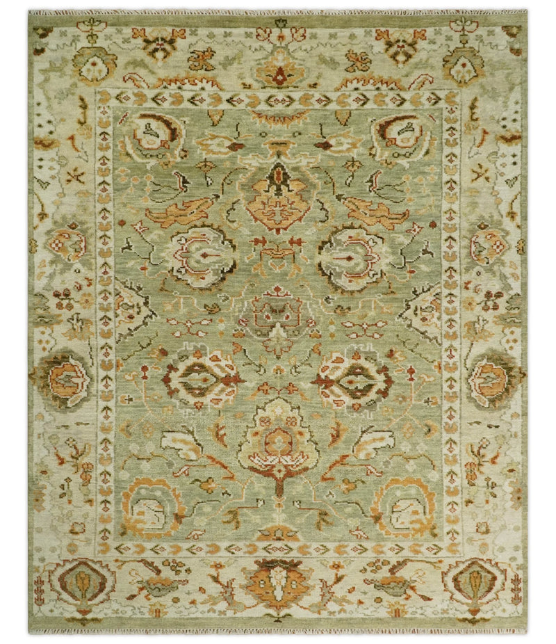 Ready to Ship 8x10, 9x12,10x14 Hand Knotted Green and beige Traditional Vintage Style Antique Wool Rug - The Rug Decor