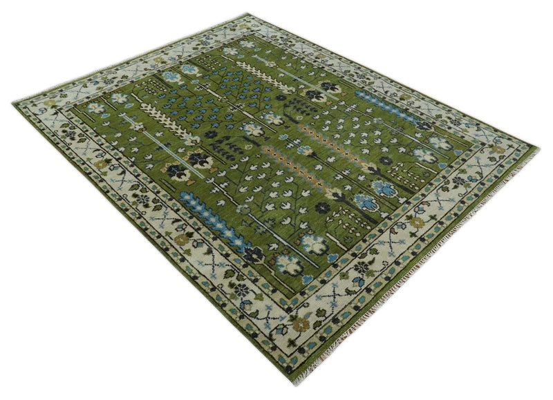 Ready to Ship 8x10 Hand Knotted Green and Ivory Traditional Wool Area Rug | TRDCP1617810S - The Rug Decor