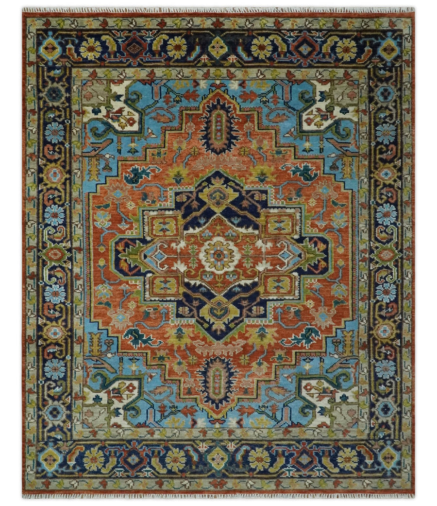 Ready to Ship 8x10 Rust and Blue Traditional Hand Knotted Wool Area Rug - The Rug Decor