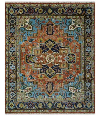 Ready to Ship 8x10 Rust and Blue Traditional Hand Knotted Wool Area Rug - The Rug Decor