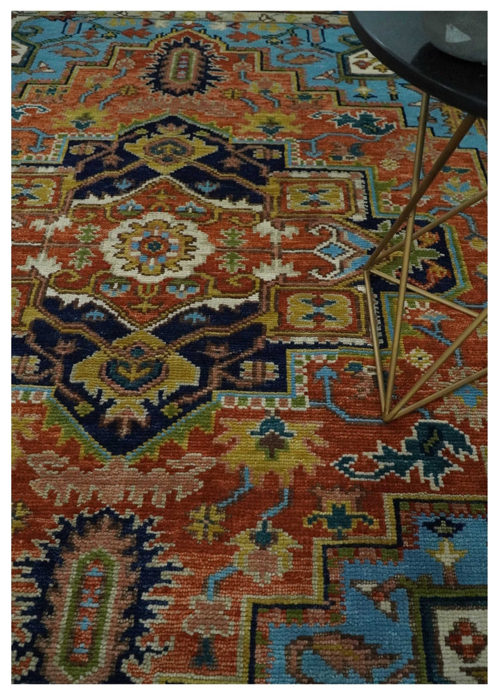 Ready to Ship 8x10 Rust and Blue Traditional Hand Knotted Wool Area Rug - The Rug Decor