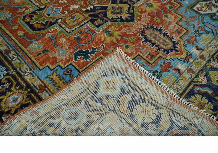 Ready to Ship 8x10 Rust and Blue Traditional Hand Knotted Wool Area Rug - The Rug Decor