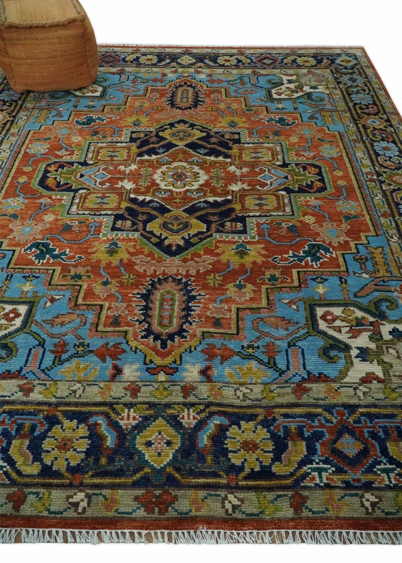 Ready to Ship 8x10 Rust and Blue Traditional Hand Knotted Wool Area Rug - The Rug Decor