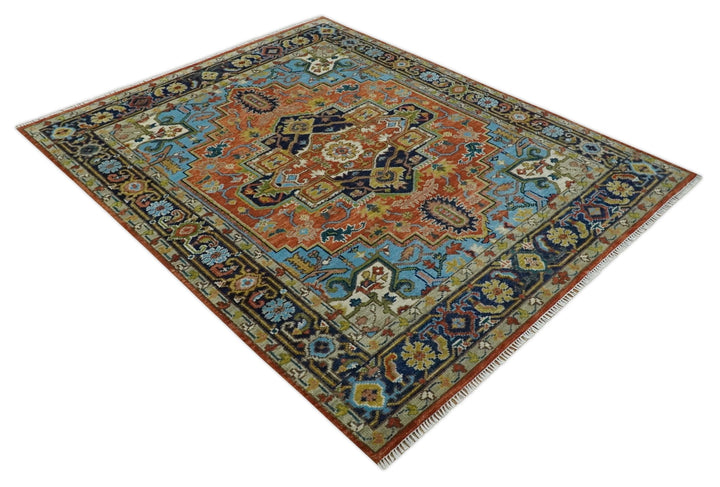Ready to Ship 8x10 Rust and Blue Traditional Hand Knotted Wool Area Rug - The Rug Decor