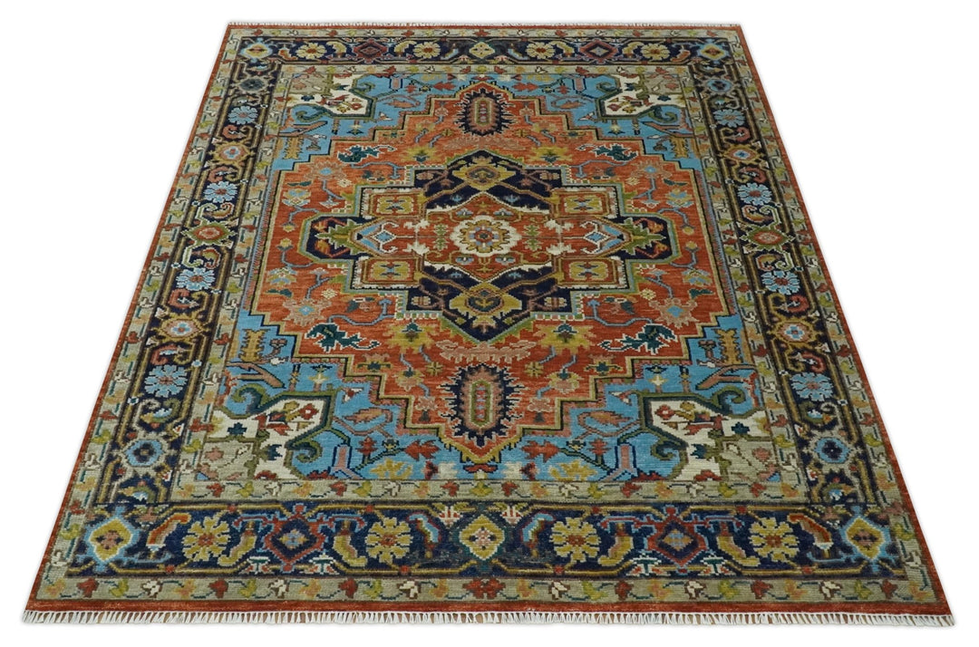 Ready to Ship 8x10 Rust and Blue Traditional Hand Knotted Wool Area Rug - The Rug Decor
