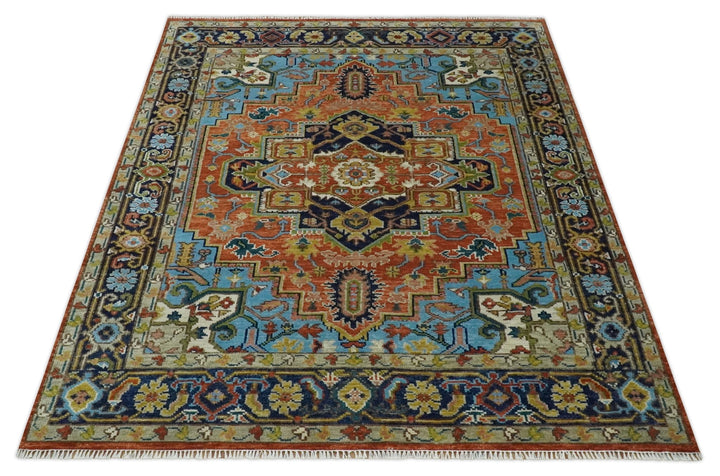 Ready to Ship 8x10 Rust and Blue Traditional Hand Knotted Wool Area Rug - The Rug Decor