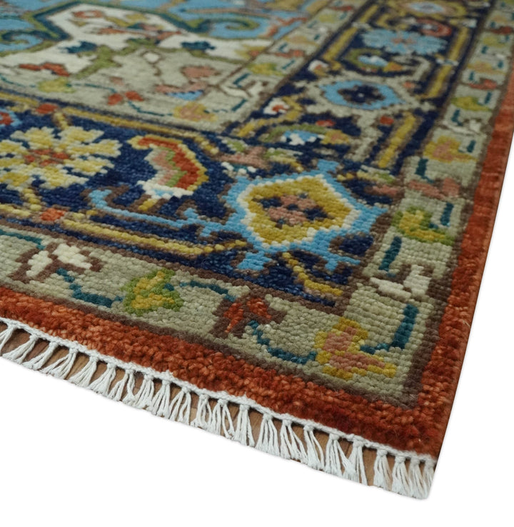 Ready to Ship 8x10 Rust and Blue Traditional Hand Knotted Wool Area Rug - The Rug Decor