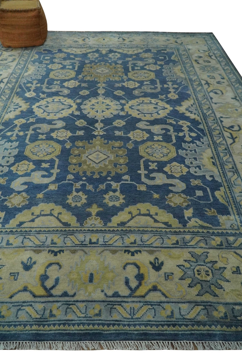 Ready to Ship 9x12 Hand Knotted Blue and Beige Traditional Oushak Wool Rug - The Rug Decor