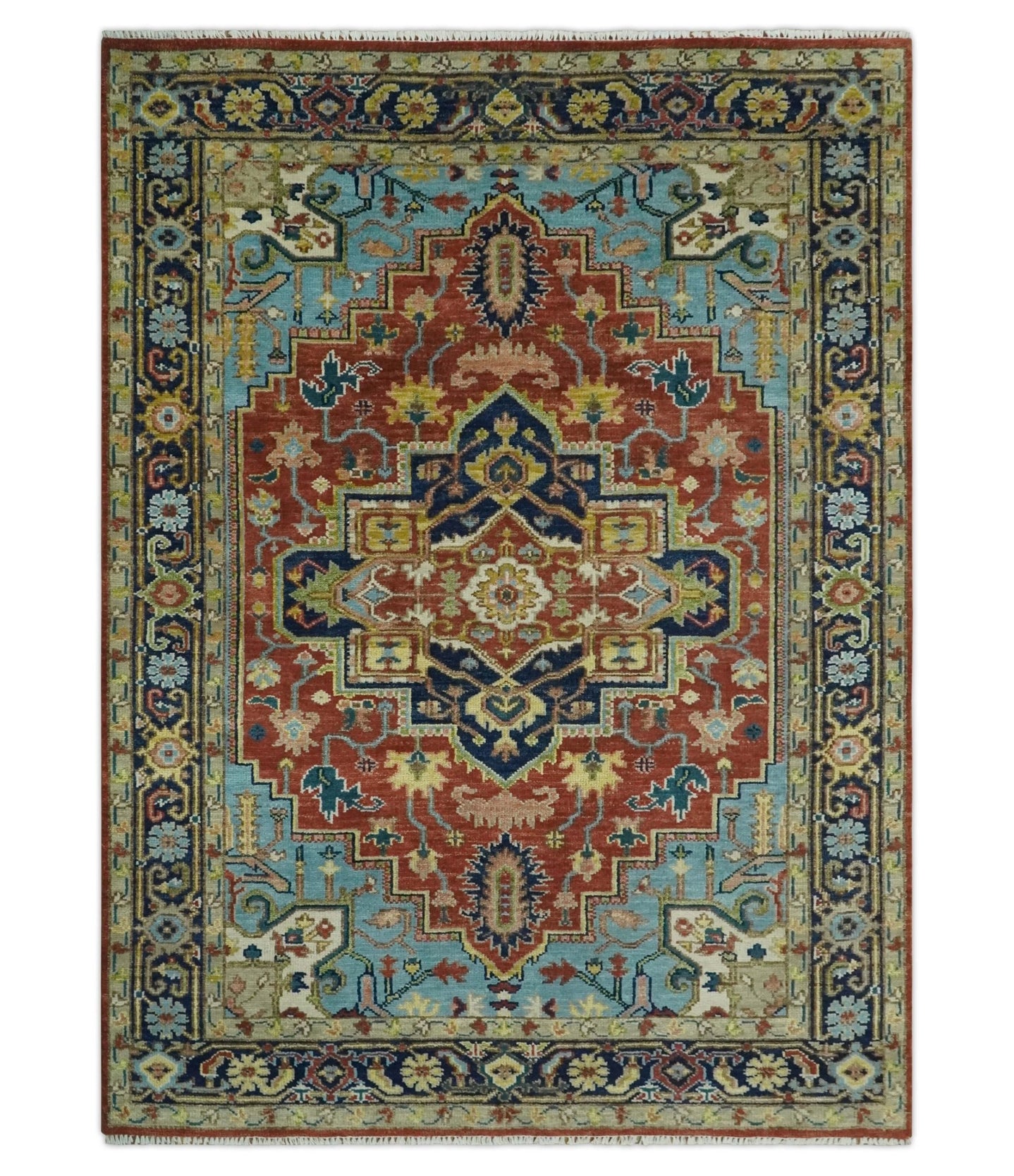 Ready to Ship 9x12 Rust and Blue Traditional Vintage Style Hand Knotted Wool Area Rug - The Rug Decor