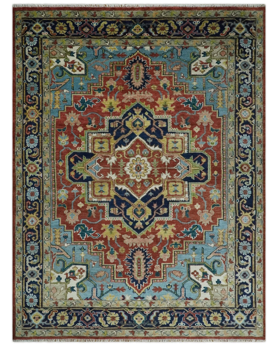 Ready to Ship 9x12 Rust and Blue Traditional Vintage Style Hand Knotted Wool Area Rug - The Rug Decor