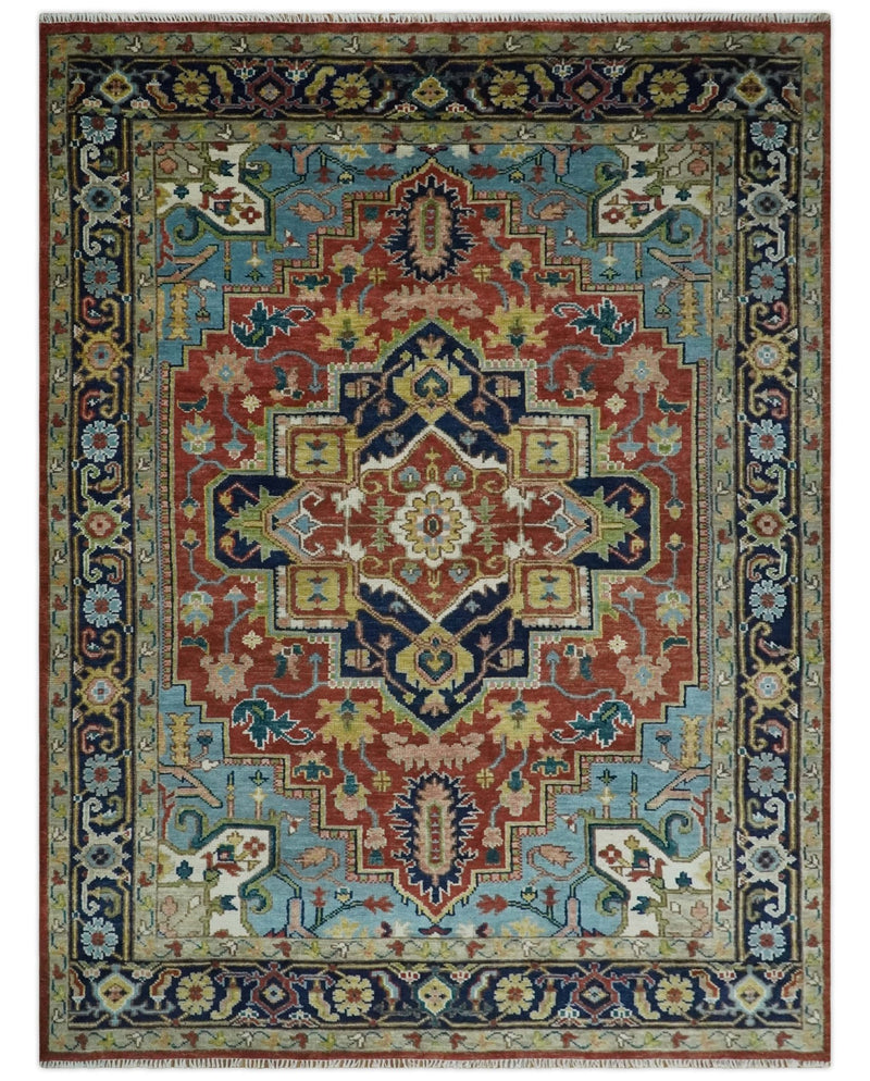 Ready to Ship 9x12 Rust and Blue Traditional Vintage Style Hand Knotted Wool Area Rug - The Rug Decor