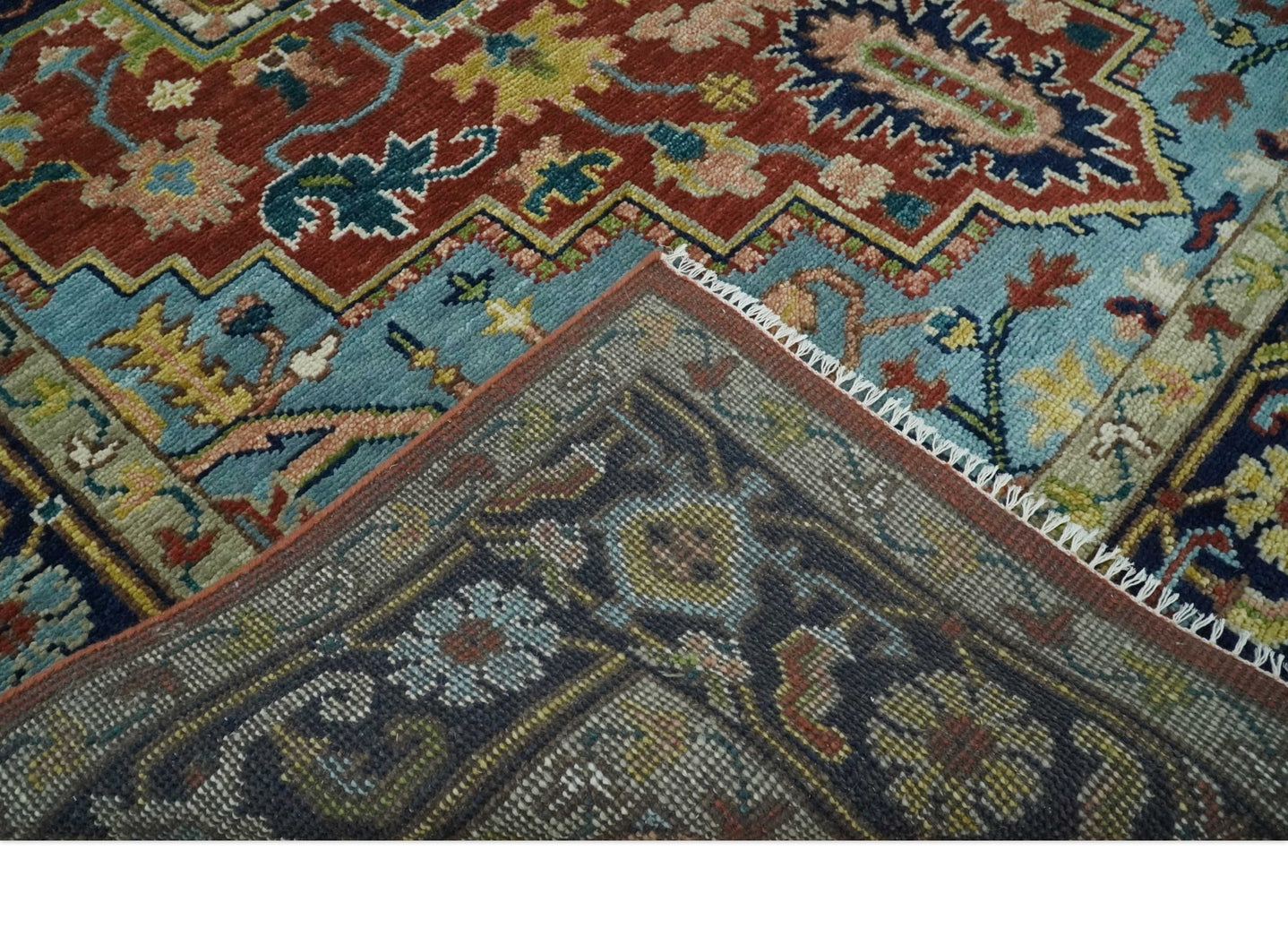 Ready to Ship 9x12 Rust and Blue Traditional Vintage Style Hand Knotted Wool Area Rug - The Rug Decor