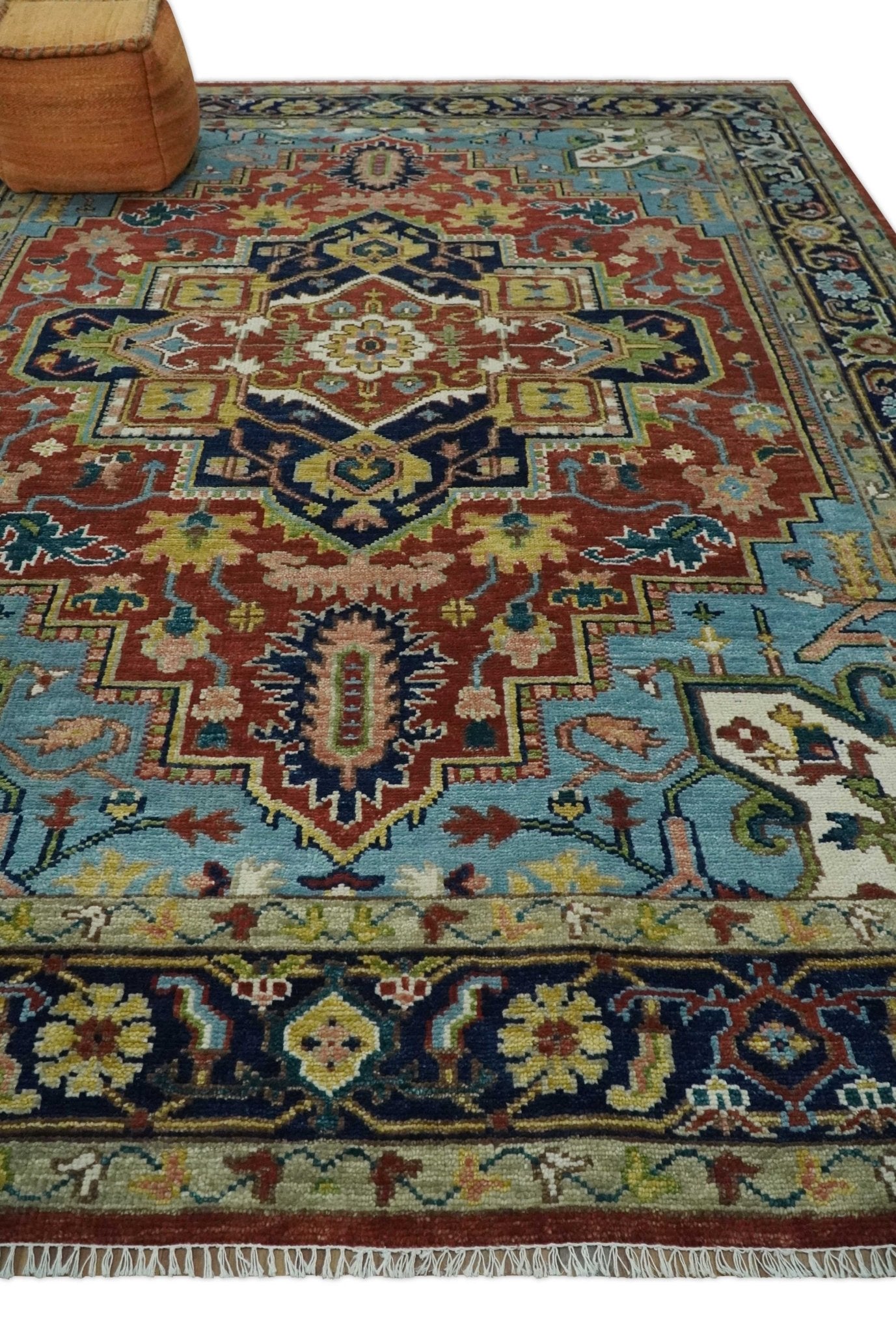 Ready to Ship 9x12 Rust and Blue Traditional Vintage Style Hand Knotted Wool Area Rug - The Rug Decor