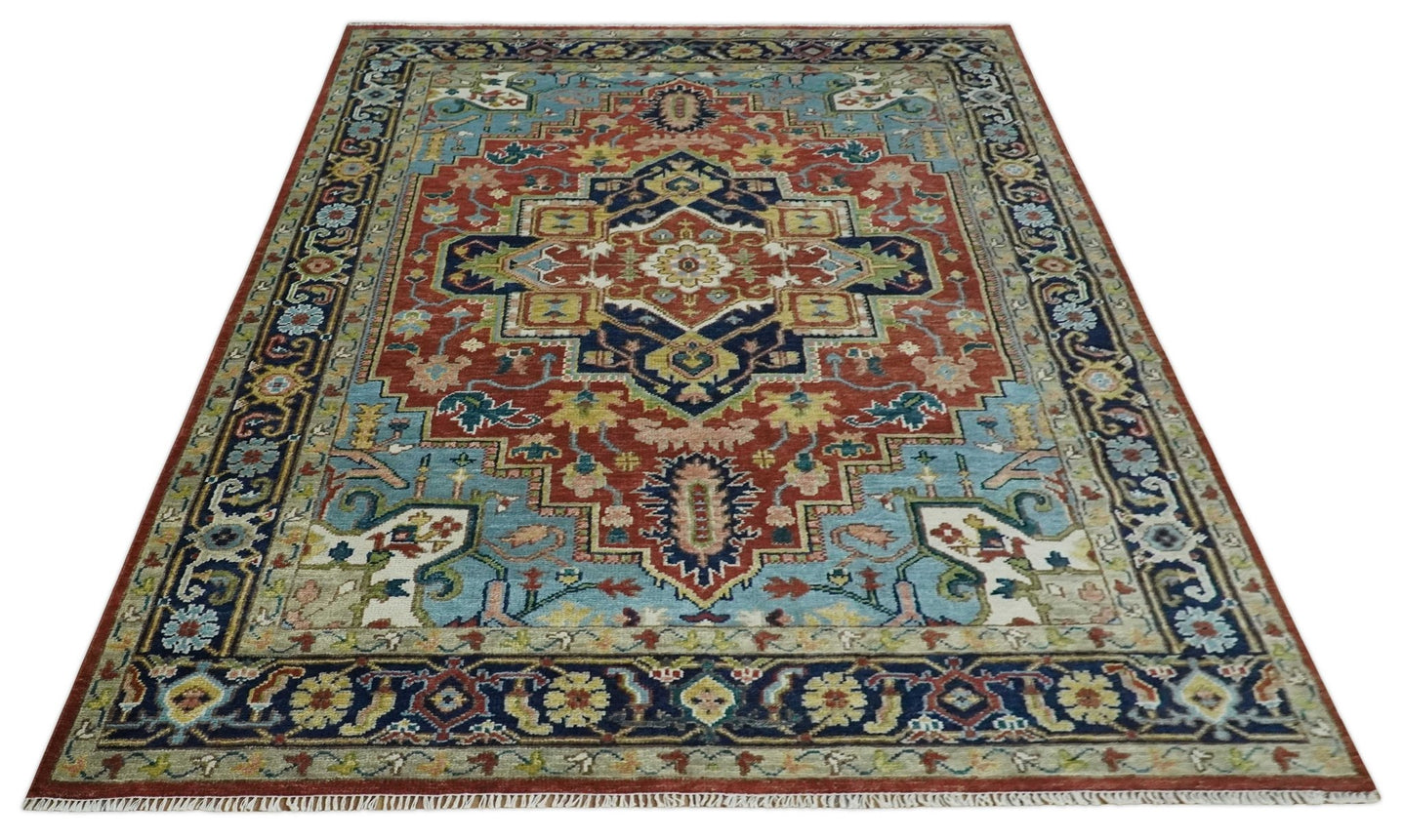 Ready to Ship 9x12 Rust and Blue Traditional Vintage Style Hand Knotted Wool Area Rug - The Rug Decor