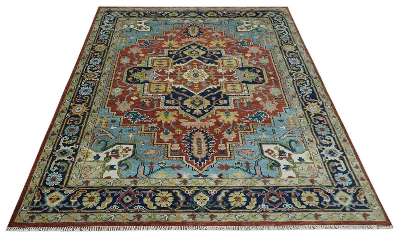 Ready to Ship 9x12 Rust and Blue Traditional Vintage Style Hand Knotted Wool Area Rug - The Rug Decor