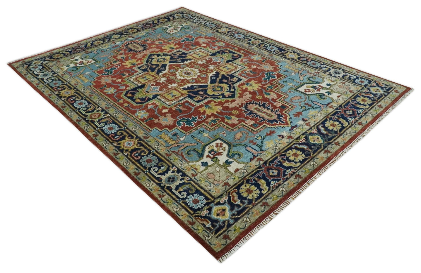 Ready to Ship 9x12 Rust and Blue Traditional Vintage Style Hand Knotted Wool Area Rug - The Rug Decor