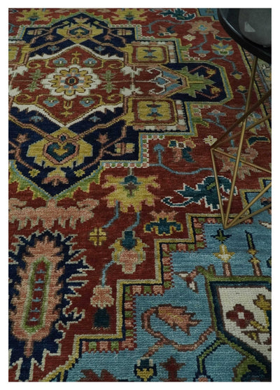 Ready to Ship 9x12 Rust and Blue Traditional Vintage Style Hand Knotted Wool Area Rug - The Rug Decor