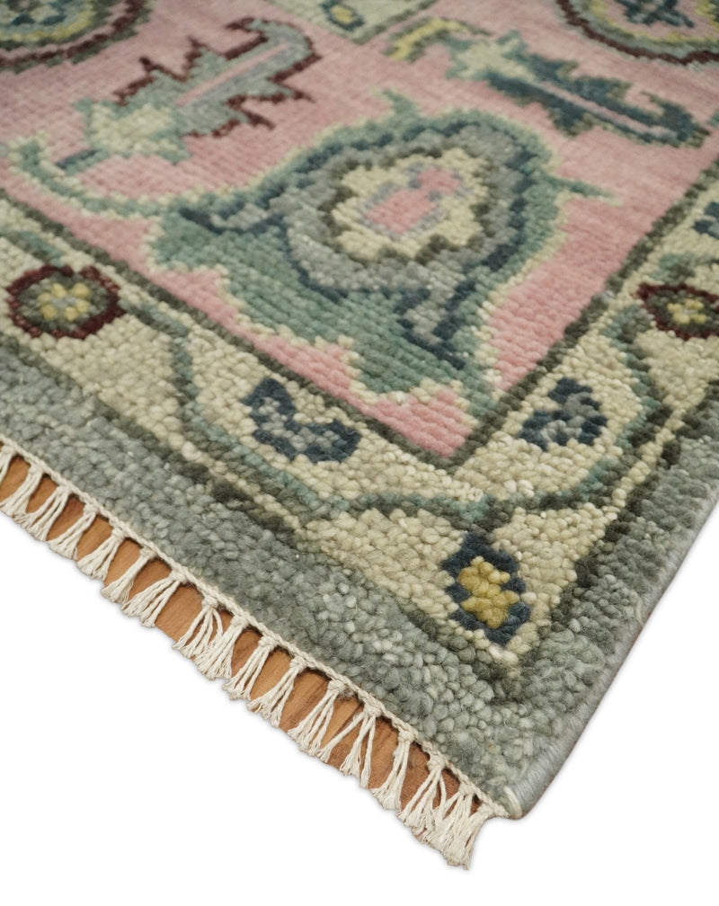 Ready to Ship Aqua and Pink Traditional Oushak Wool Area Rug - The Rug Decor