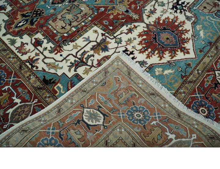 Ready to Ship Blue, Rust and Ivory 8x10 Hand knotted Traditional Wool Area Rug - The Rug Decor