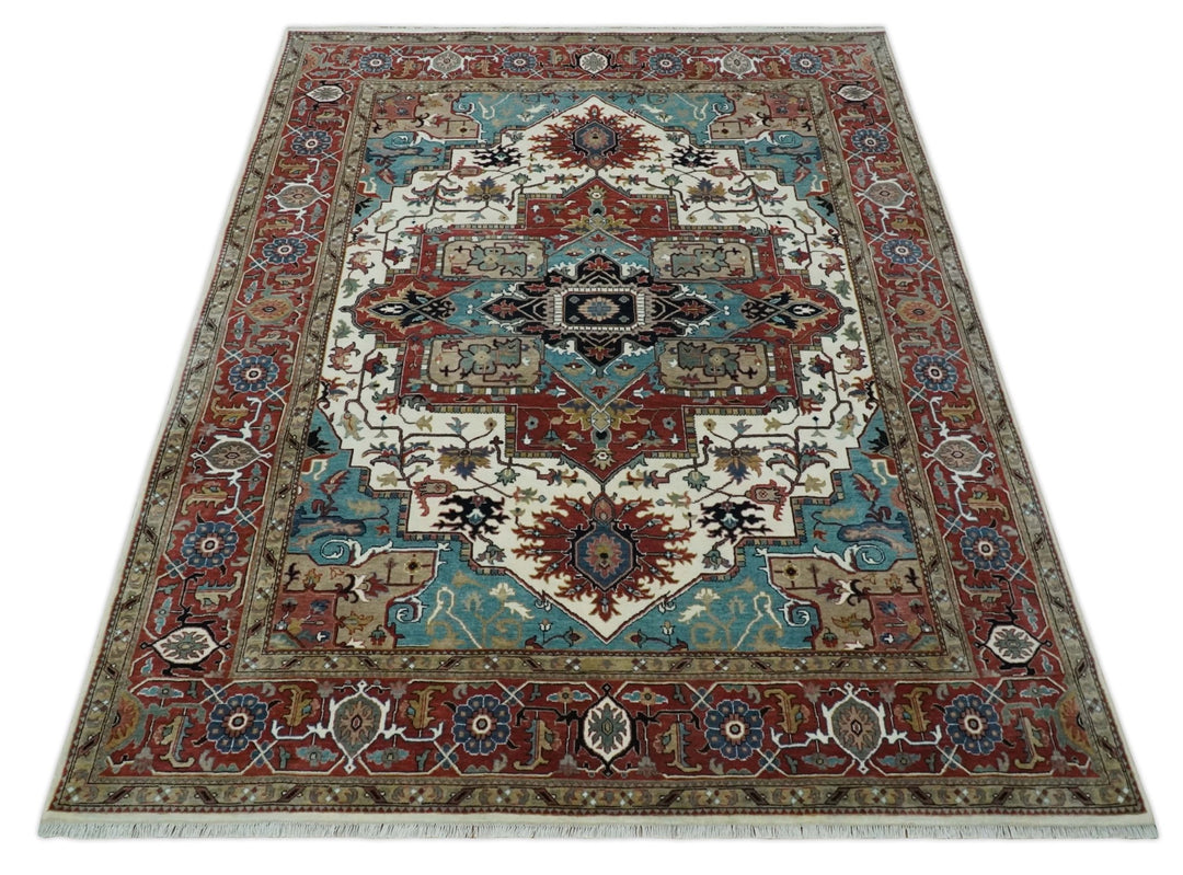 Ready to Ship Blue, Rust and Ivory 8x10 Hand knotted Traditional Wool Area Rug - The Rug Decor
