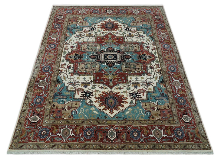 Ready to Ship Blue, Rust and Ivory 8x10 Hand knotted Traditional Wool Area Rug - The Rug Decor
