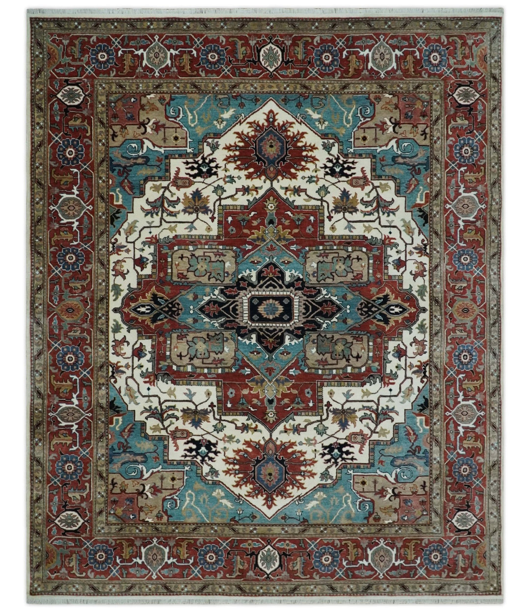 Ready to Ship Blue, Rust and Ivory 8x10 Hand knotted Traditional Wool Area Rug - The Rug Decor