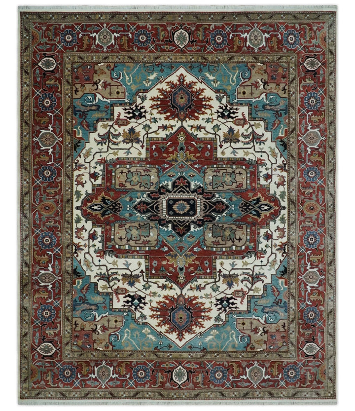 Ready to Ship Blue, Rust and Ivory 8x10 Hand knotted Traditional Wool Area Rug - The Rug Decor
