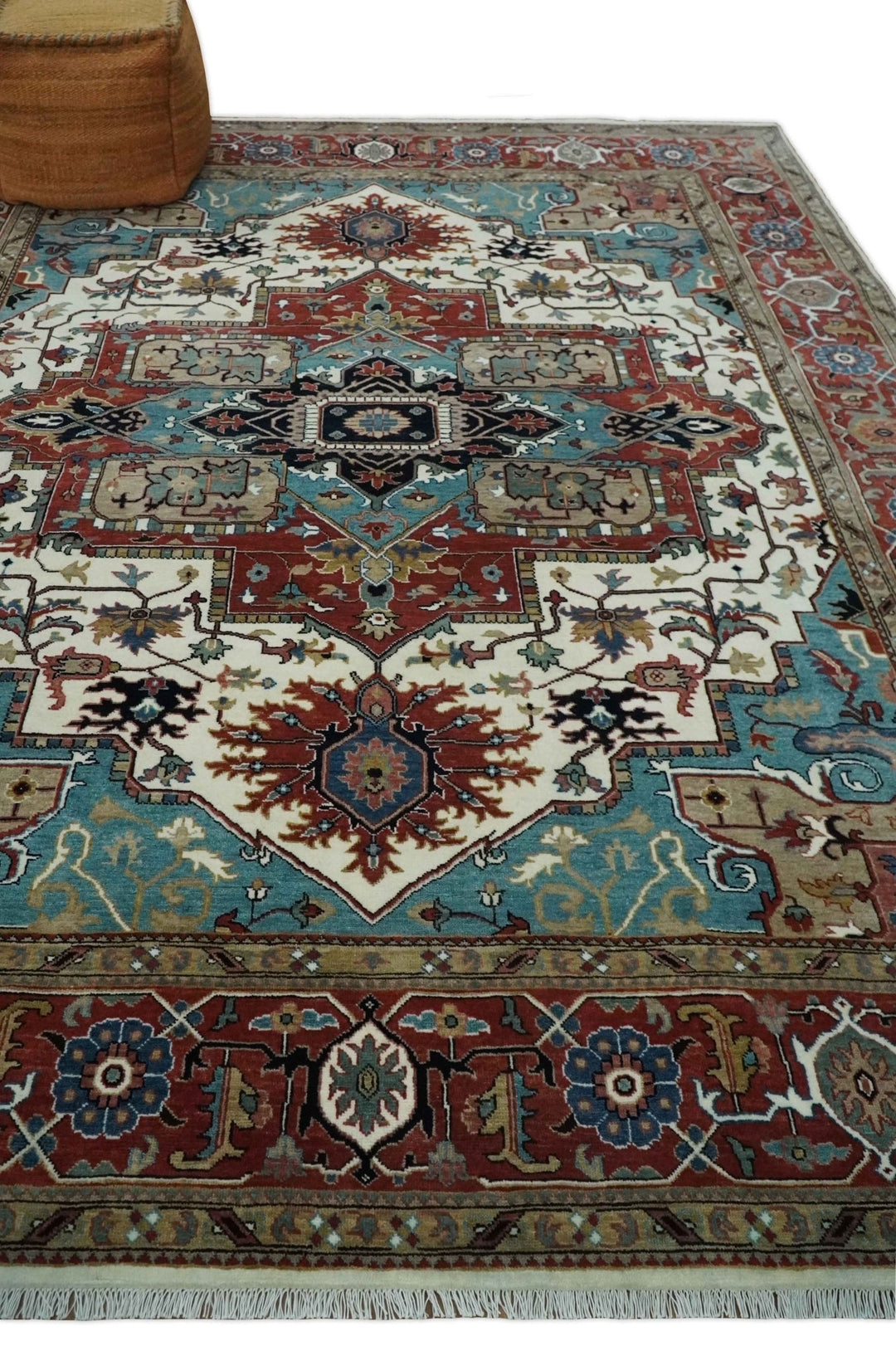 Ready to Ship Blue, Rust and Ivory 8x10 Hand knotted Traditional Wool Area Rug - The Rug Decor
