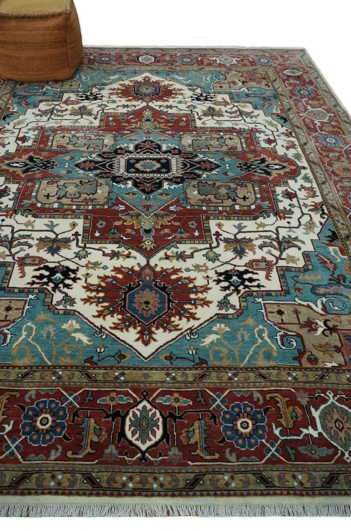Ready to Ship Blue, Rust and Ivory 8x10 Hand knotted Traditional Wool Area Rug - The Rug Decor