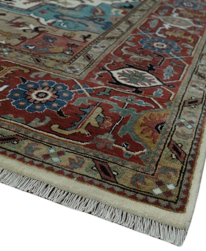 Ready to Ship Blue, Rust and Ivory 8x10 Hand knotted Traditional Wool Area Rug - The Rug Decor