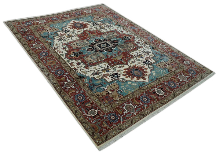 Ready to Ship Blue, Rust and Ivory 8x10 Hand knotted Traditional Wool Area Rug - The Rug Decor