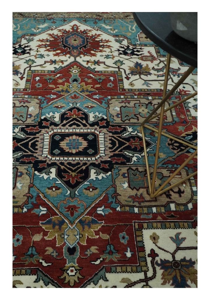 Ready to Ship Blue, Rust and Ivory 8x10 Hand knotted Traditional Wool Area Rug - The Rug Decor