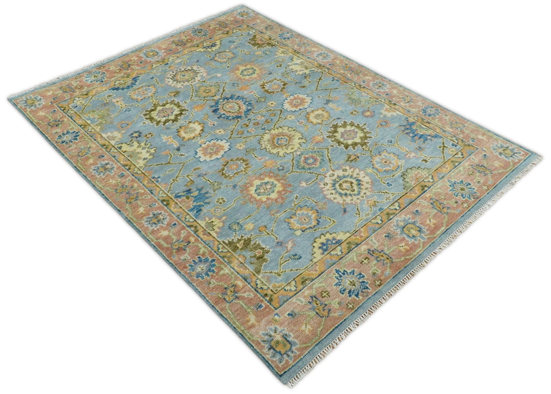 Ready to Ship Hand Knotted Blue and Rust Modern Oushak Area Rug - The Rug Decor