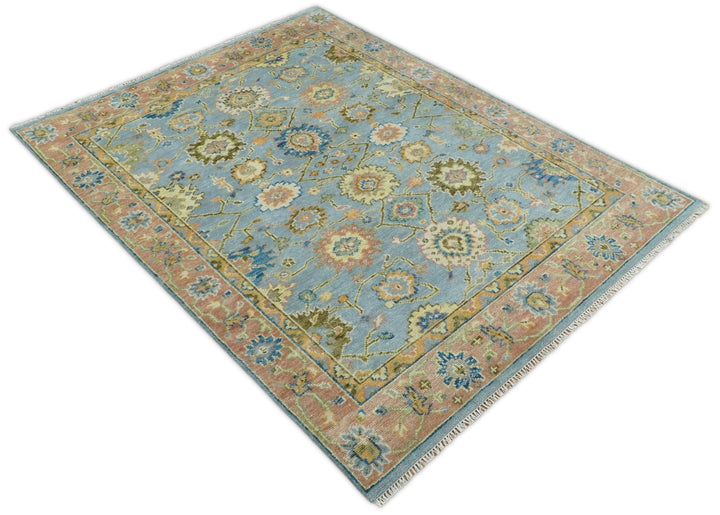 Ready to Ship Hand Knotted Blue and Rust Modern Oushak Area Rug - The Rug Decor