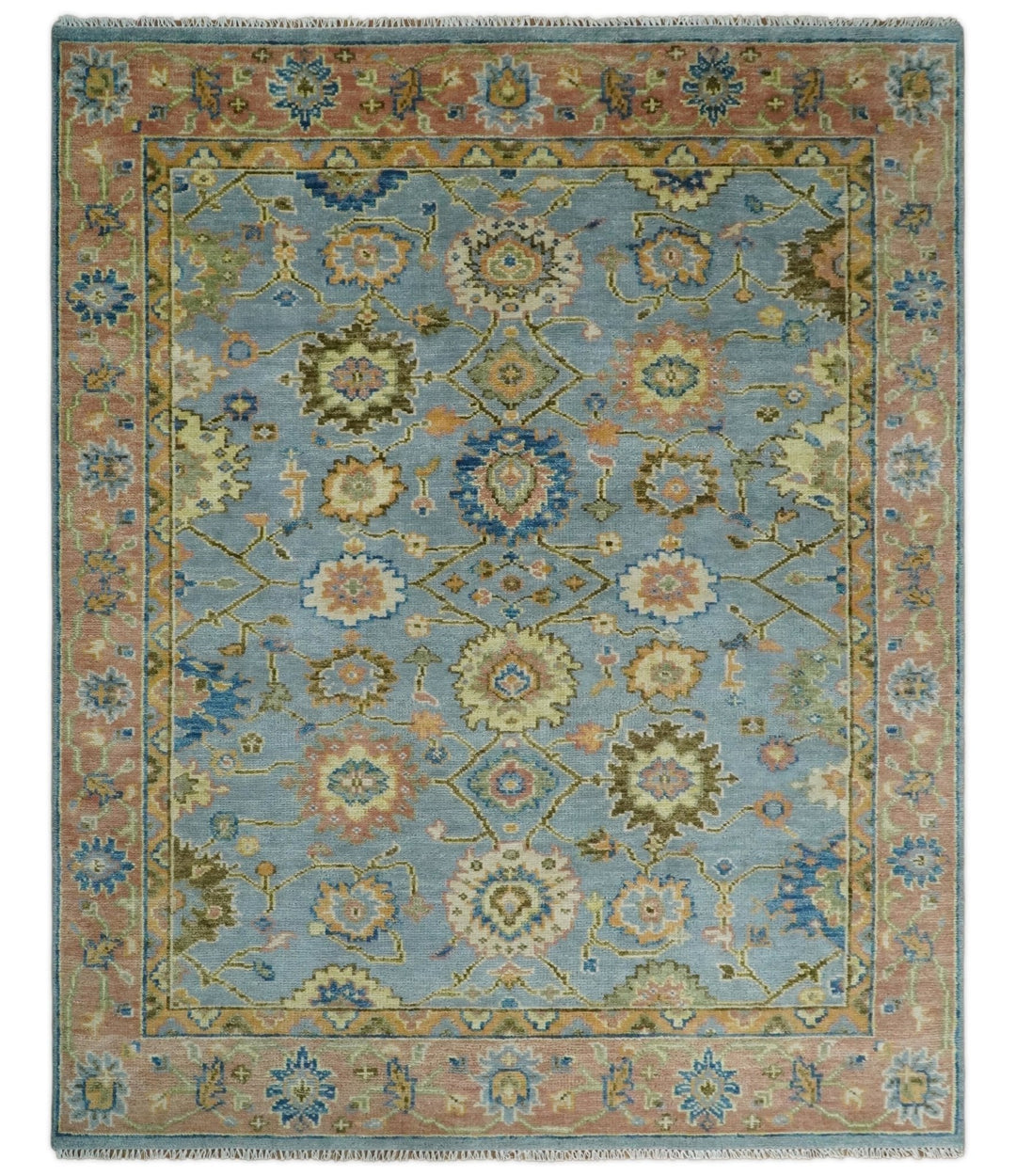 Ready to Ship Hand Knotted Blue and Rust Modern Oushak Area Rug - The Rug Decor