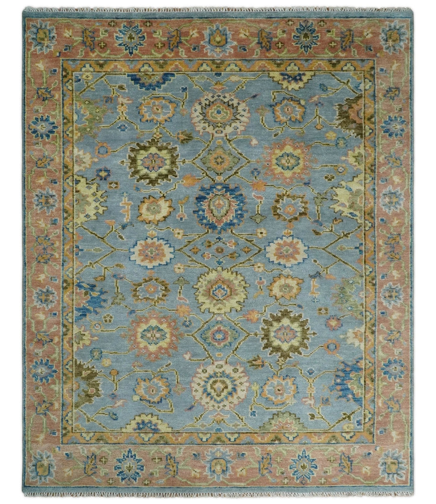 Ready to Ship Hand Knotted Blue and Rust Modern Oushak Area Rug - The Rug Decor