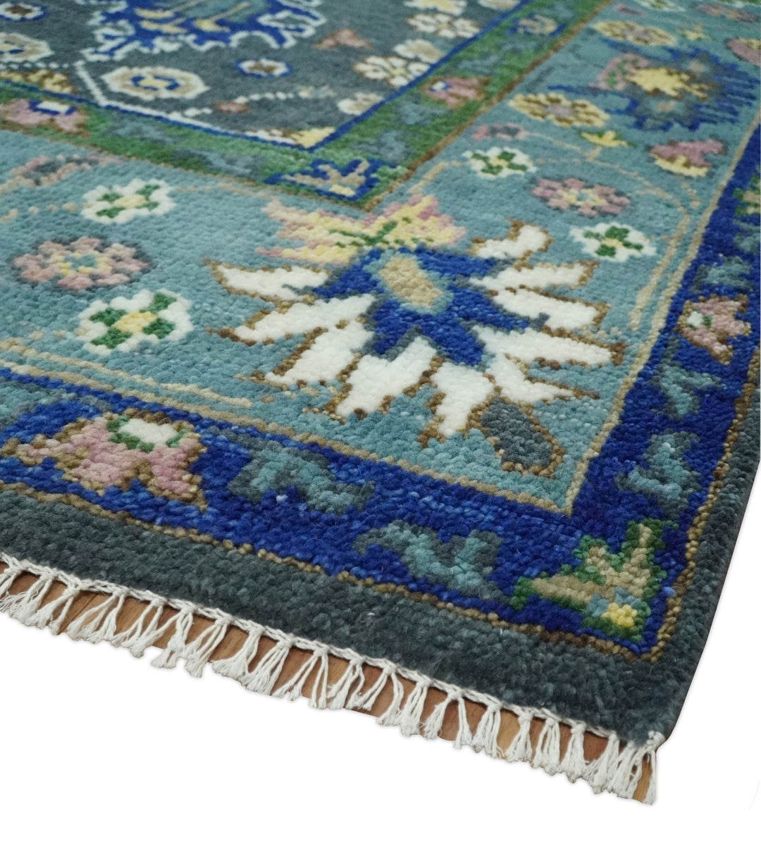 Ready to Ship Hand Knotted Green Moss and Blue Traditional Turkish Design Wool Rug - The Rug Decor
