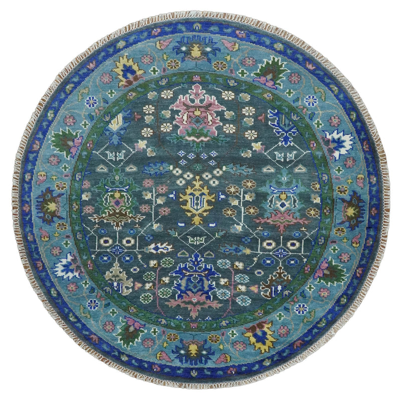 Ready to Ship Hand Knotted Green Moss and Blue Traditional Turkish Design Wool Rug - The Rug Decor