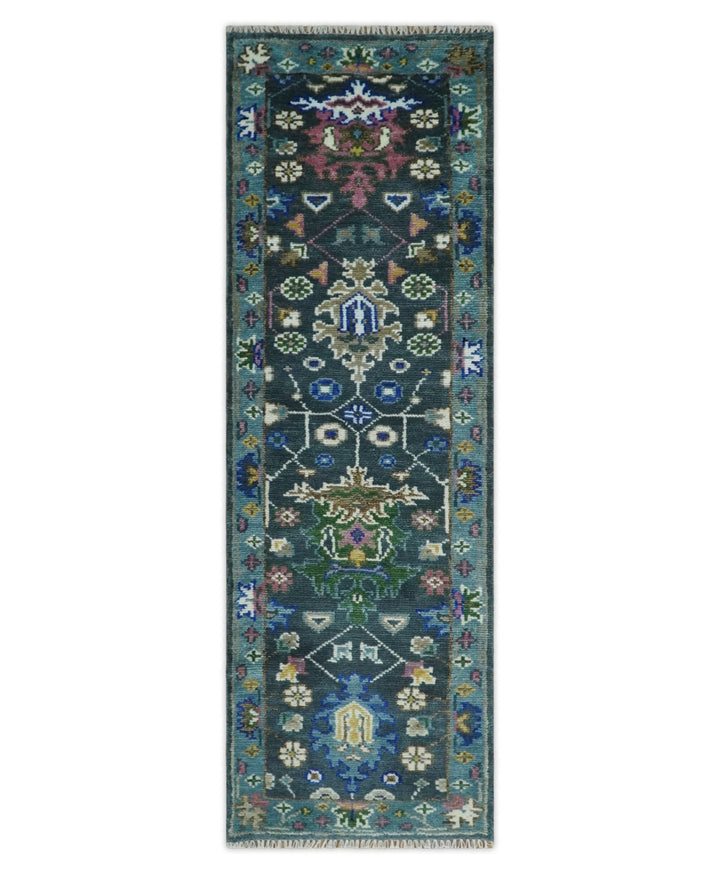 Ready to Ship Hand Knotted Green Moss and Blue Traditional Turkish Design Wool Rug - The Rug Decor