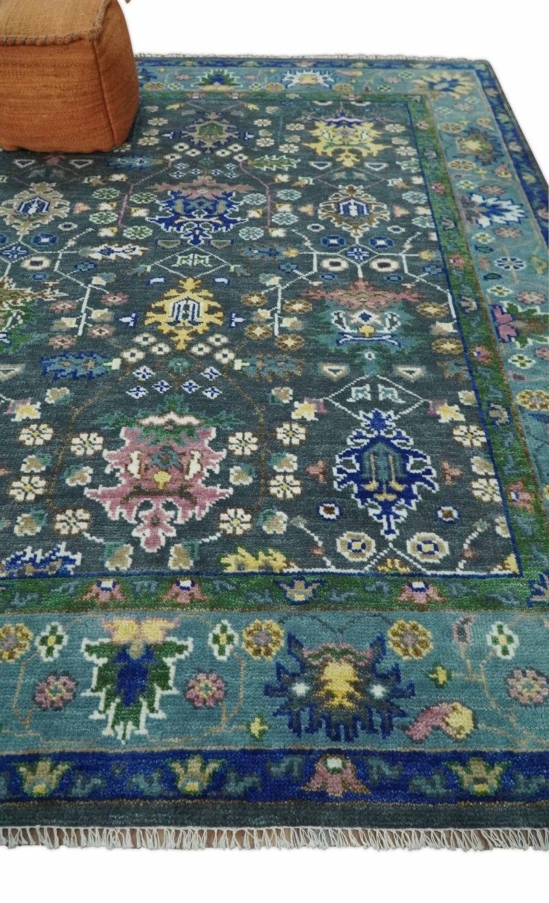 Ready to Ship Hand Knotted Green Moss and Blue Traditional Turkish Design Wool Rug - The Rug Decor