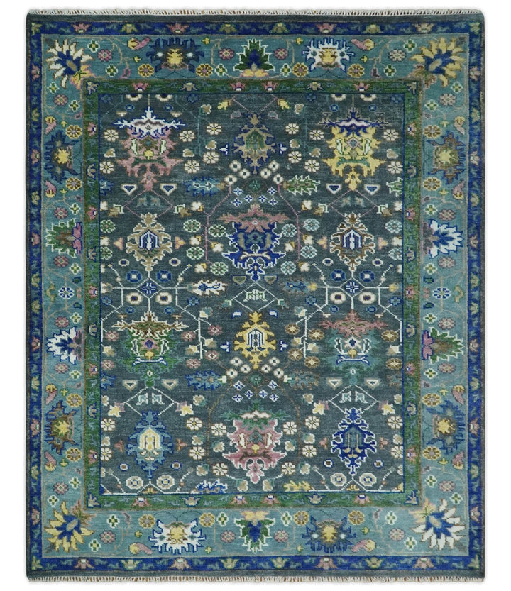 Ready to Ship Hand Knotted Green Moss and Blue Traditional Turkish Design Wool Rug - The Rug Decor