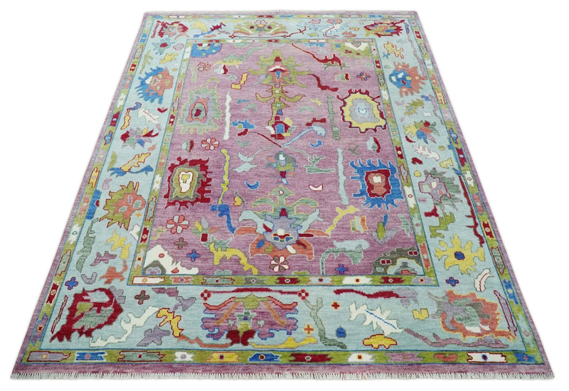 Ready to Ship Pink Modern Oushak Rug Wool Blue Colorful Hand knotted Area Rug - The Rug Decor