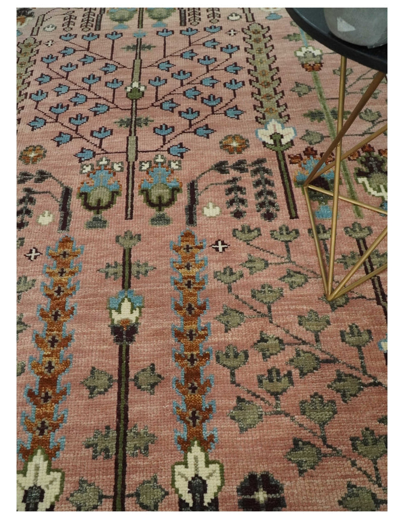 Ready to Ship Pink, Olive and Beige Traditional Vintage Style Tree Wool Rug - The Rug Decor