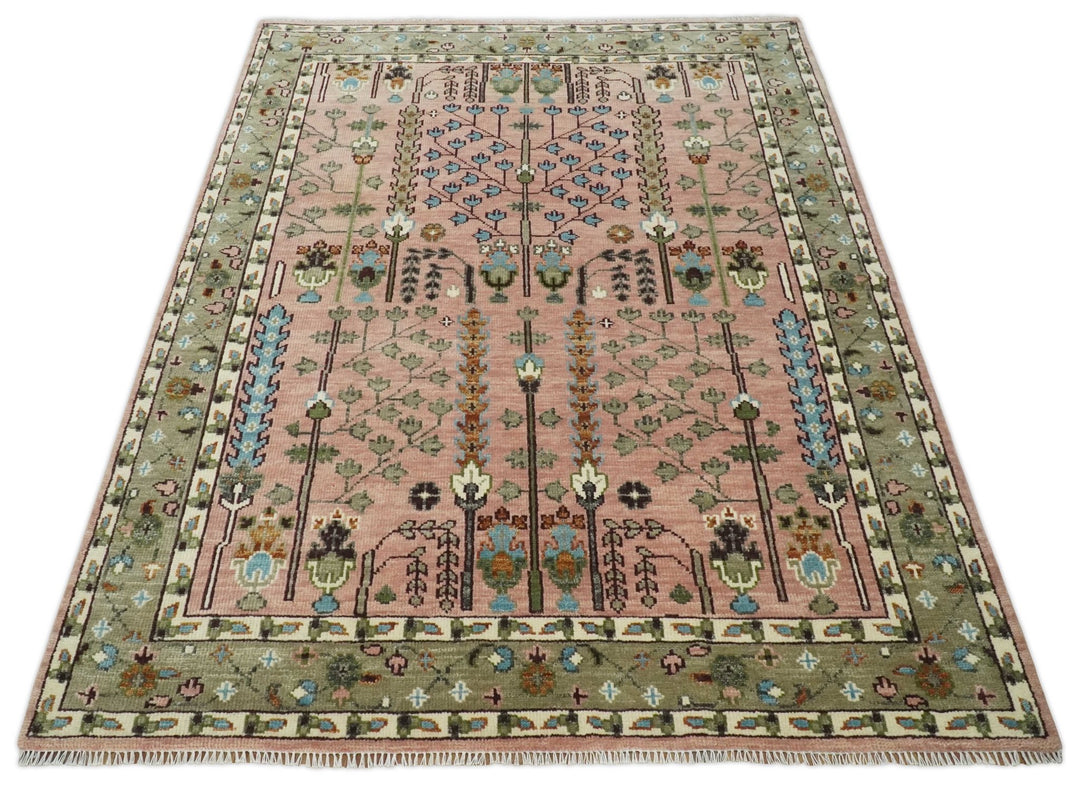 Ready to Ship Pink, Olive and Beige Traditional Vintage Style Tree Wool Rug - The Rug Decor