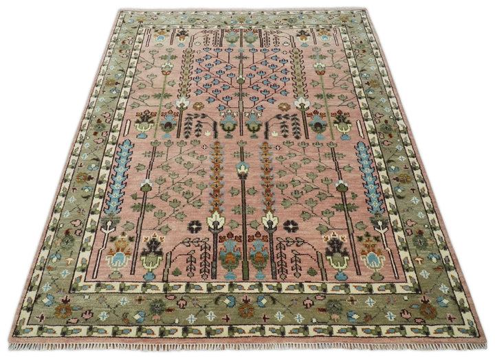 Ready to Ship Pink, Olive and Beige Traditional Vintage Style Tree Wool Rug - The Rug Decor