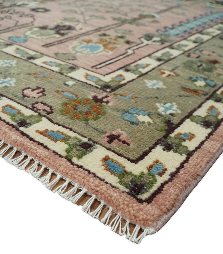 Ready to Ship Pink, Olive and Beige Traditional Vintage Style Tree Wool Rug - The Rug Decor